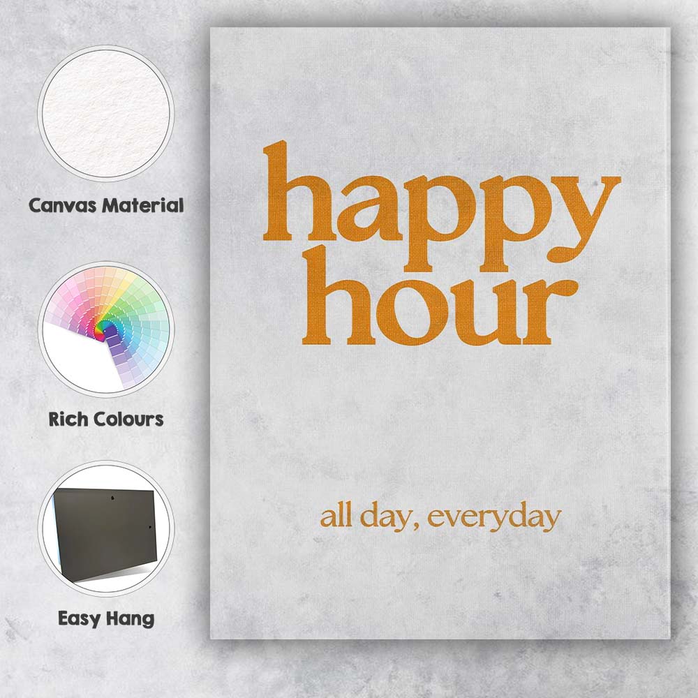 Mustard Happy Hour Typography Minimalist Quote Canvas Wall Art Print Decor Picture Ready to Hang