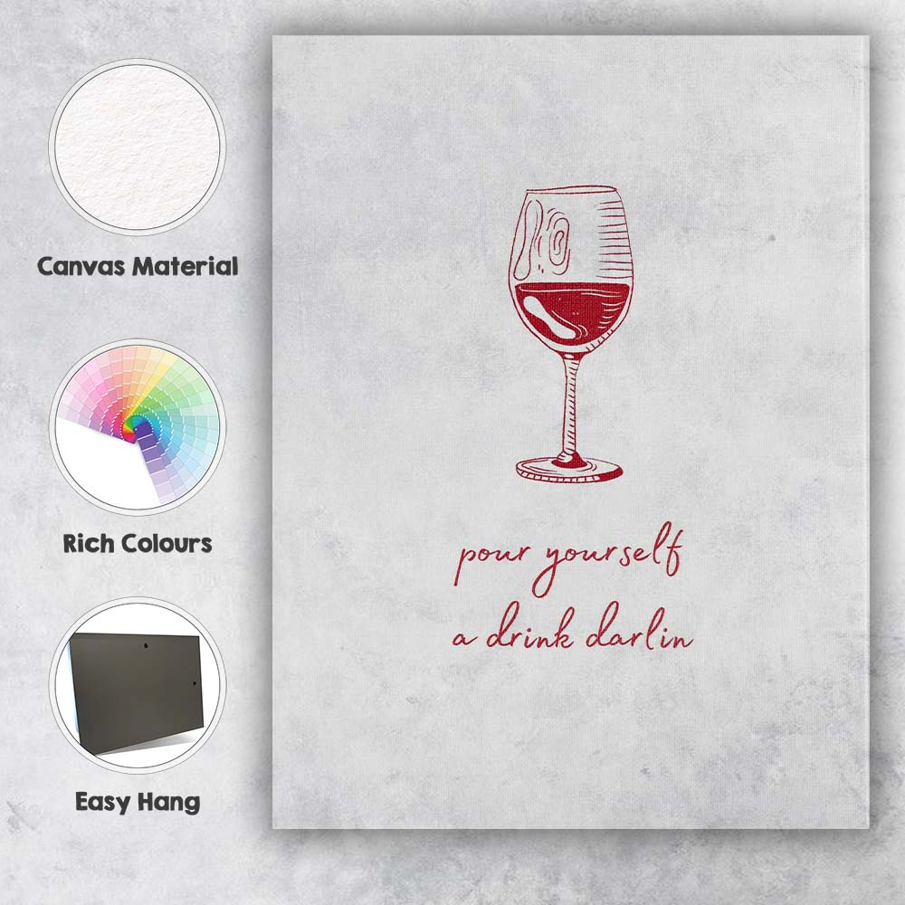 Minimalist Red Wine Glass Line Art With Pour Yourself A Drink Darlin Typography Canvas Wall Art Print Decor Picture Ready to Hang