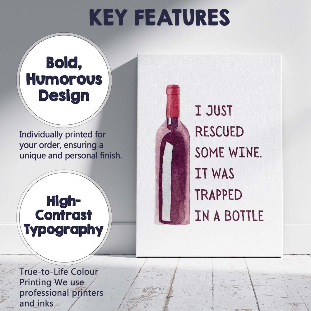 Watercolour Red Wine Bottle Humorous Rescue Quote Kitchen Bar Canvas Wall Art Print Decor Picture Ready to Hang