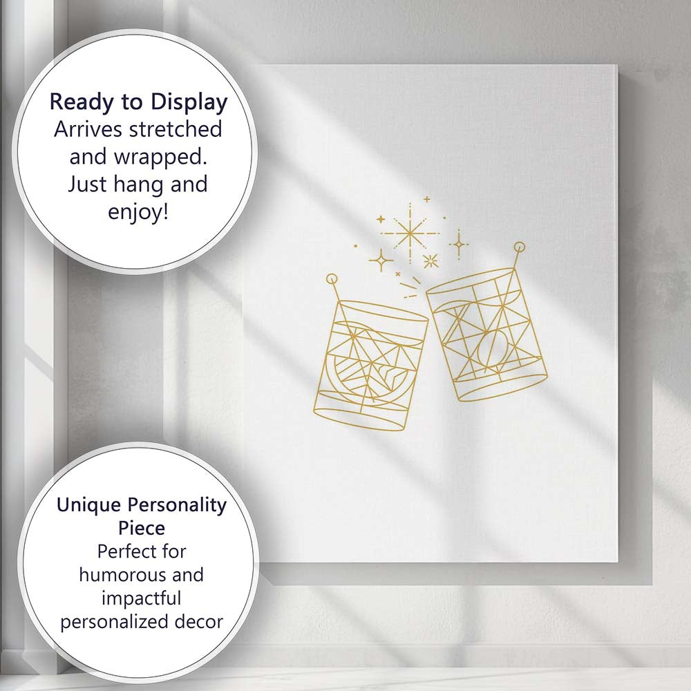 Minimalist Gold Whisky Tumbler Cheers Line Art Illustration Canvas Wall Art Print Decor Picture Ready to Hang