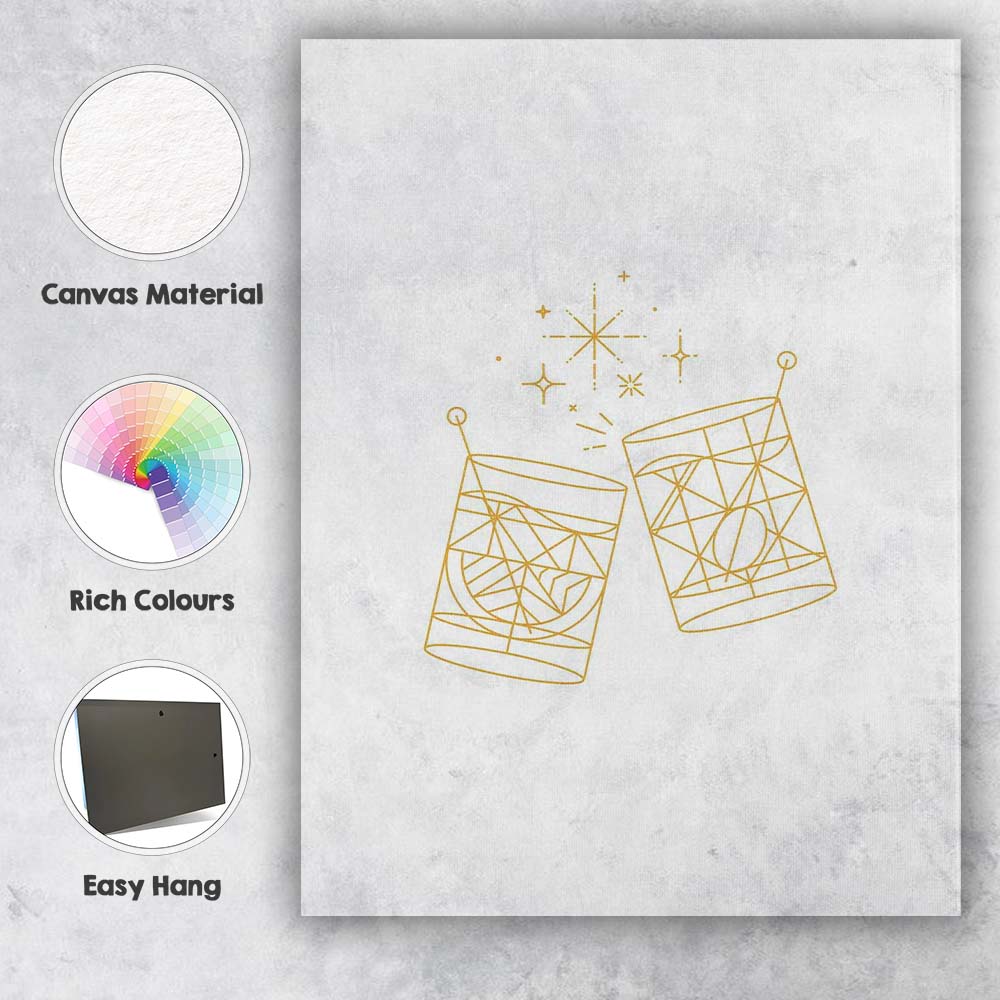 Minimalist Gold Whisky Tumbler Cheers Line Art Illustration Canvas Wall Art Print Decor Picture Ready to Hang
