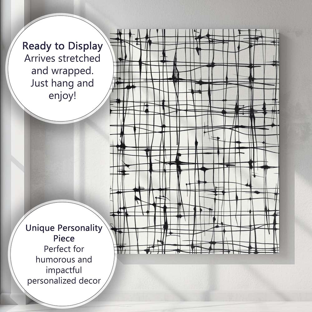 Black and White Abstract Hand Drawn Linear Grid Pattern Canvas Wall Art Print Decor Picture Ready to Hang