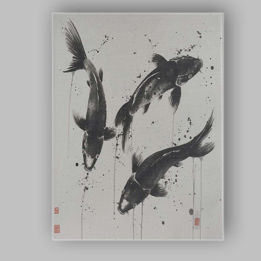 Monochrome Japanese Koi Fish Ink Wash Painting Contemporary Canvas Wall Art Print Decor Picture Ready to Hang