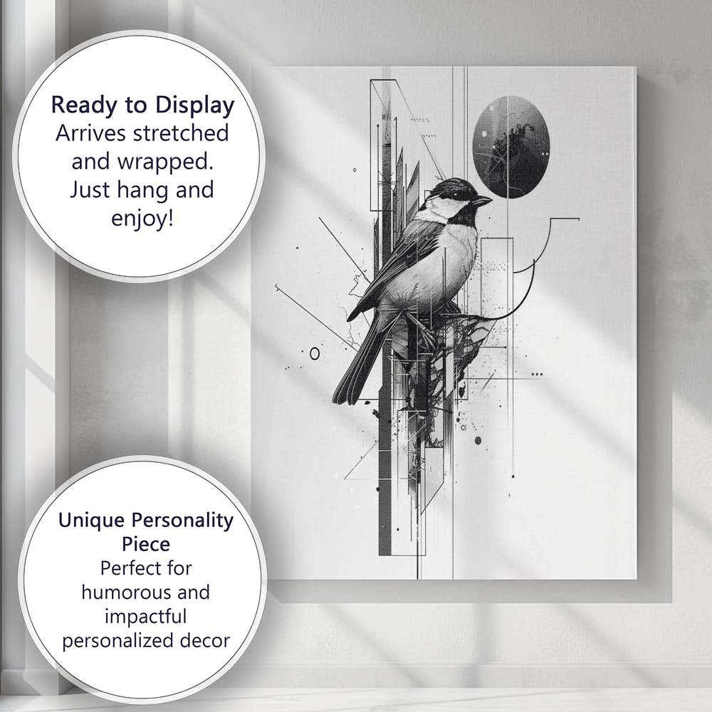 Minimalist Black and White Geometric Songbird Illustration Canvas Wall Art Print Decor Picture Ready to Hang