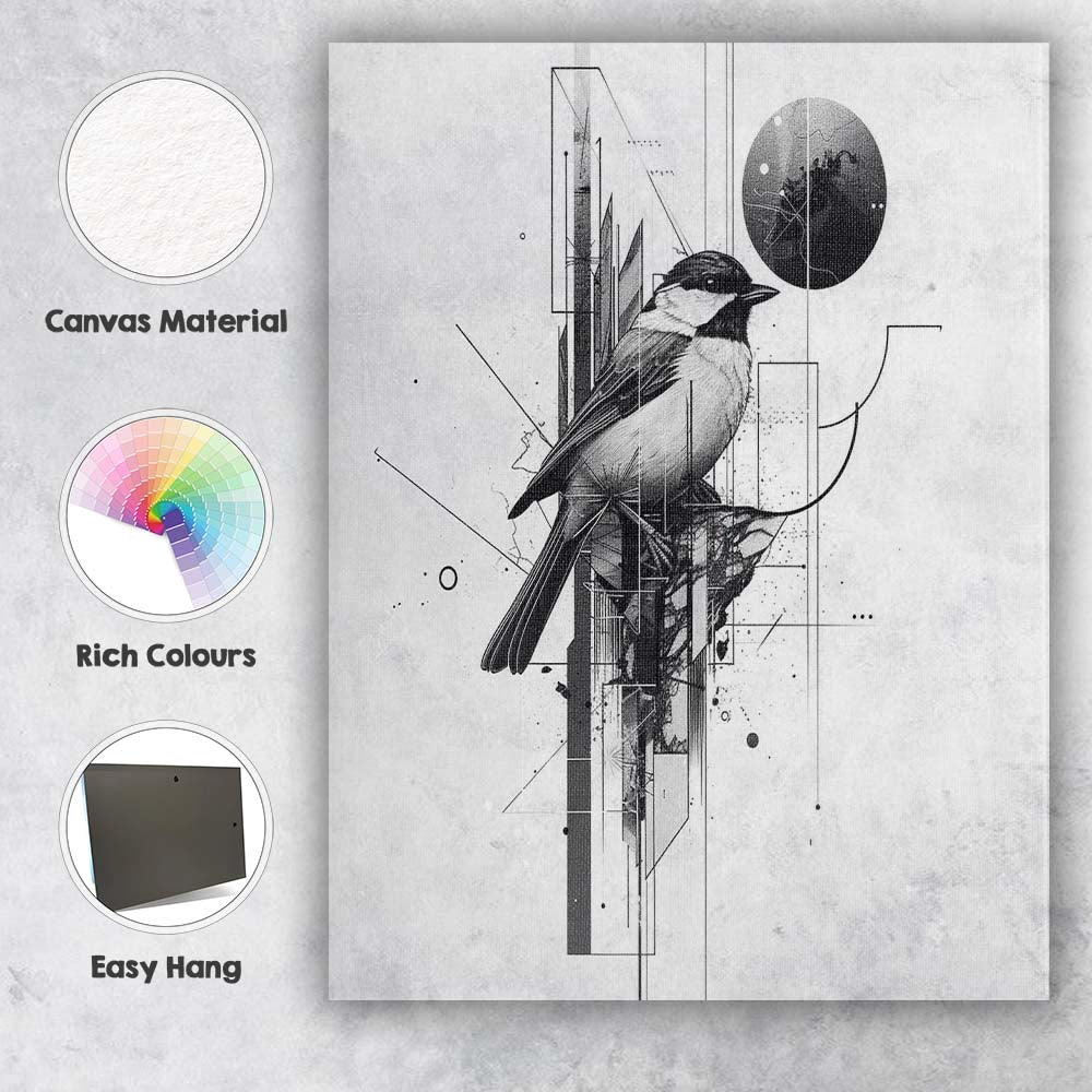 Minimalist Black and White Geometric Songbird Illustration Canvas Wall Art Print Decor Picture Ready to Hang