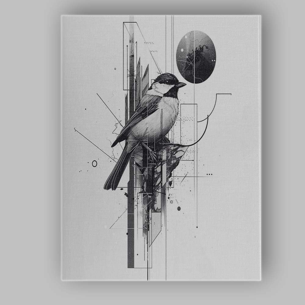 Minimalist Black and White Geometric Songbird Illustration Canvas Wall Art Print Decor Picture Ready to Hang