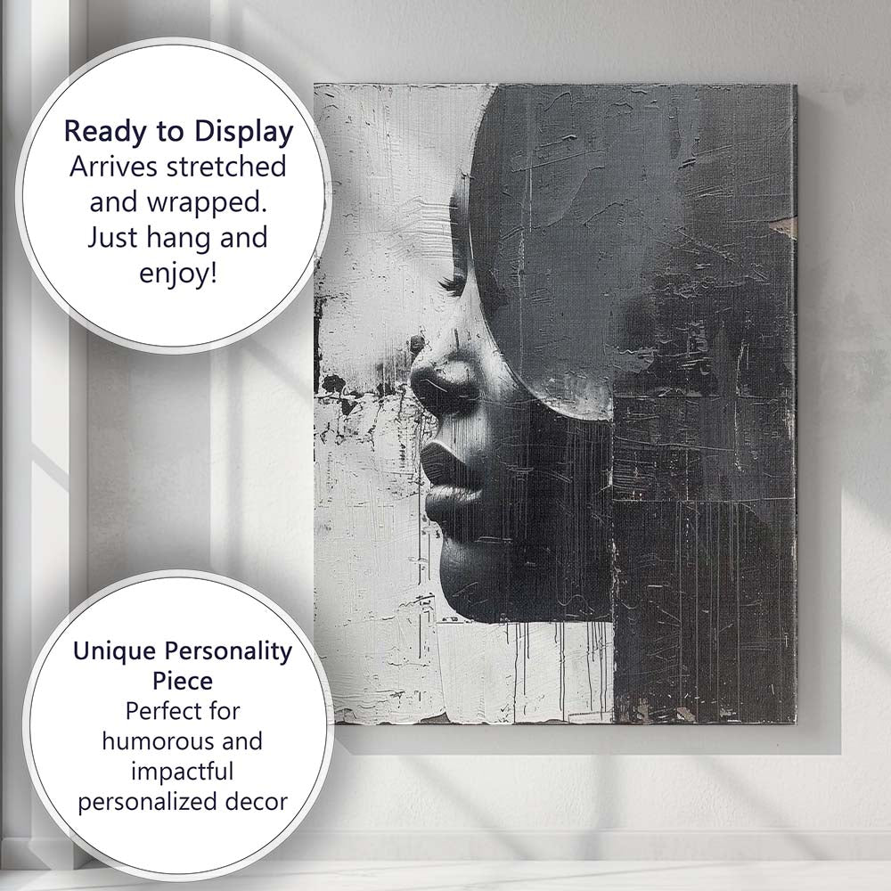 Monochrome Textured Half Face Portrait Contemporary Abstract Canvas Wall Art Print Decor Picture Ready to Hang