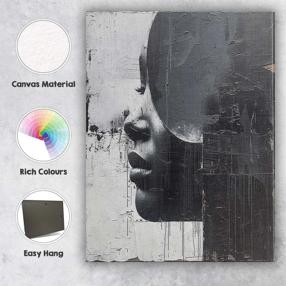 Monochrome Textured Half Face Portrait Contemporary Abstract Canvas Wall Art Print Decor Picture Ready to Hang