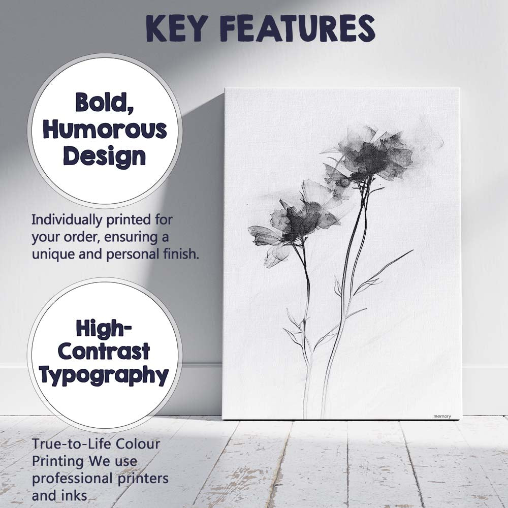 Delicate Monochrome Botanical Wildflower Sketch Illustration Canvas Wall Art Print Decor Picture Ready to Hang
