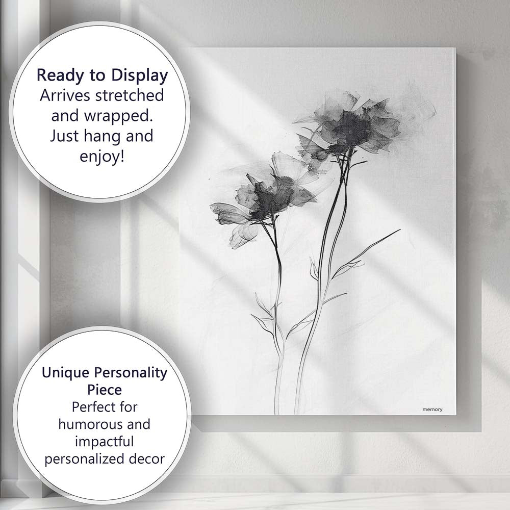 Delicate Monochrome Botanical Wildflower Sketch Illustration Canvas Wall Art Print Decor Picture Ready to Hang