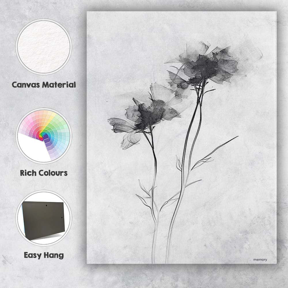 Delicate Monochrome Botanical Wildflower Sketch Illustration Canvas Wall Art Print Decor Picture Ready to Hang