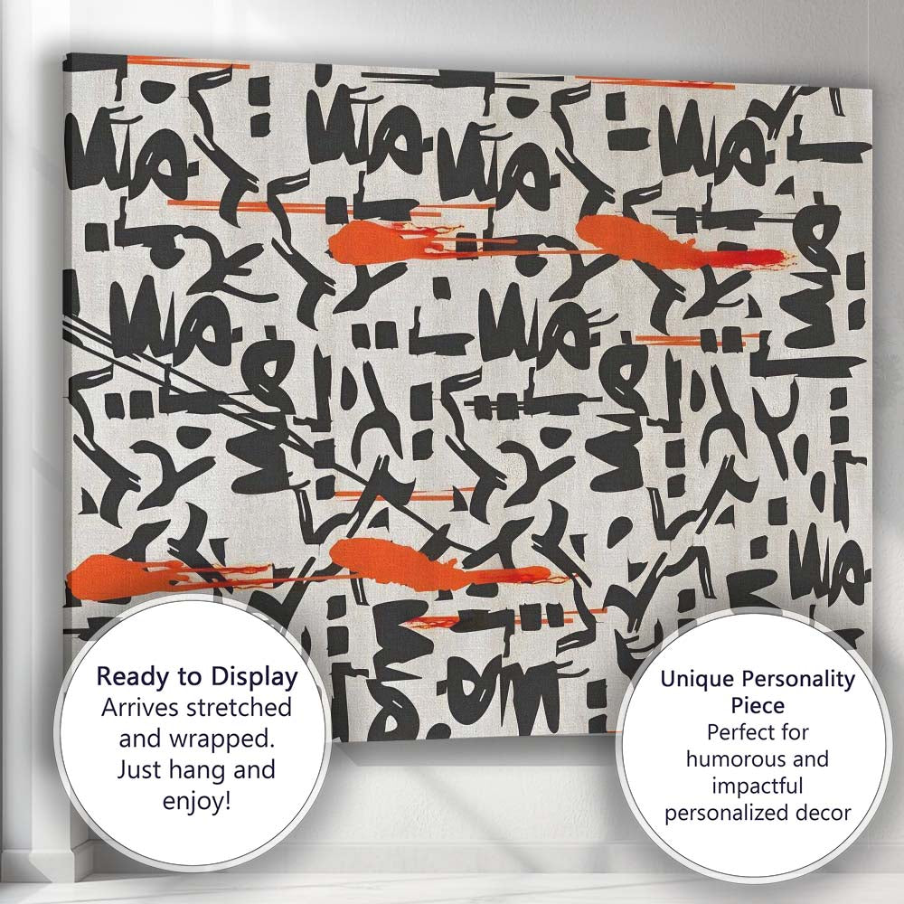 Contemporary Black Orange Abstract Graffiti Typography Pattern Canvas Wall Art Print Decor Picture Ready to Hang