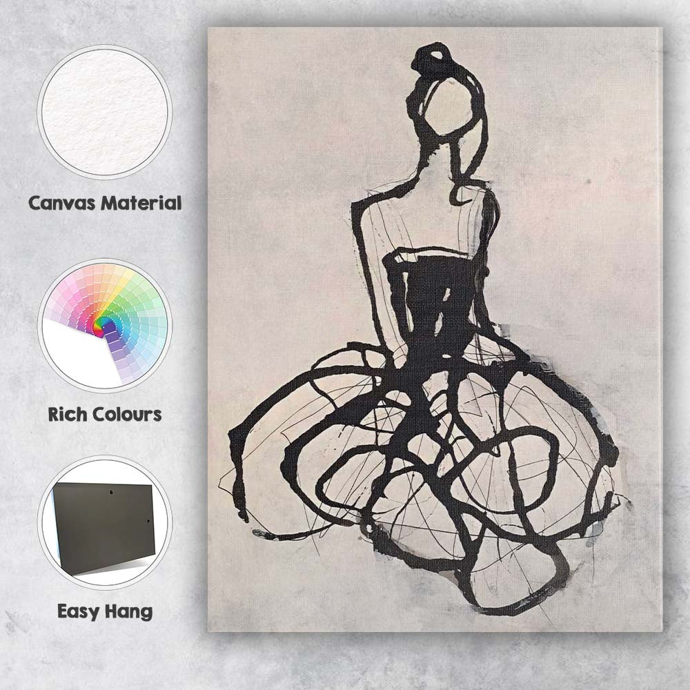 Abstract Black Ink Fashion Dress Sketch Minimalist Figure Canvas Wall Art Print Decor Picture Ready to Hang