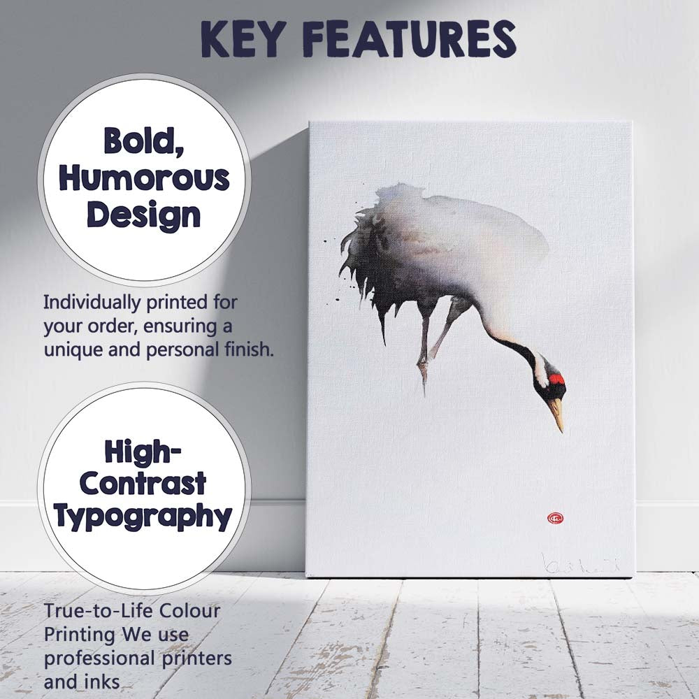 Minimalist Watercolour Red Crowned Crane Bird Illustration Canvas Wall Art Print Decor Picture Ready to Hang