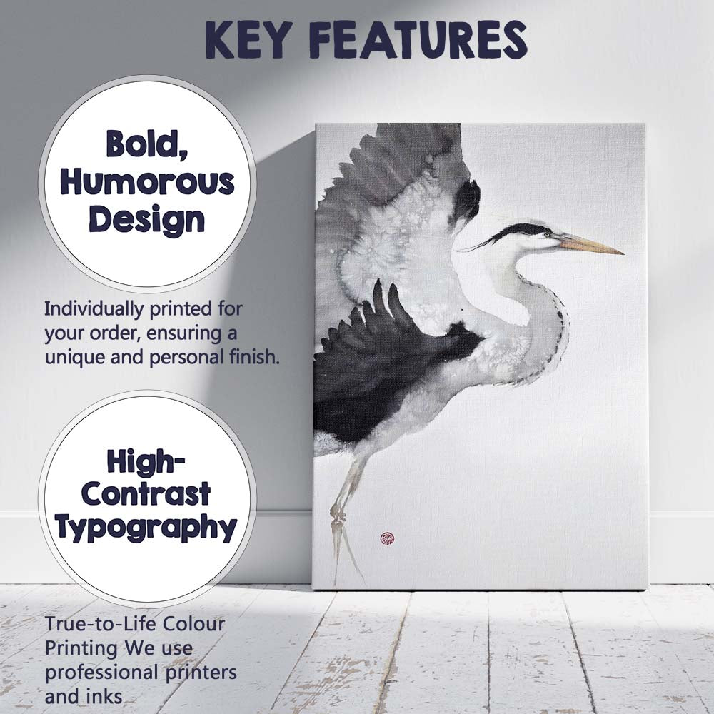 Elegant Monochrome Flying Heron Watercolour Wildlife Canvas Wall Art Print Decor Picture Ready to Hang