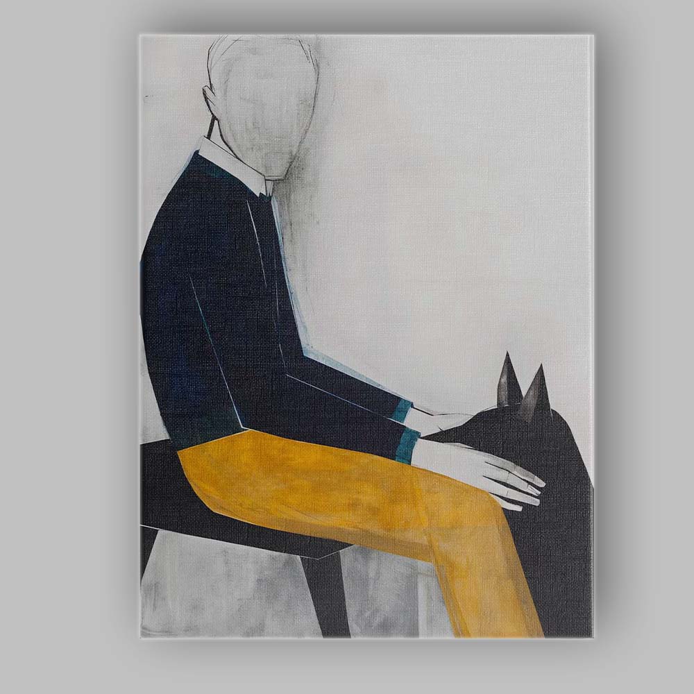 Abstract Seated Figure With Black Cat Contemporary Painting Canvas Wall Art Print Decor Picture Ready to Hang