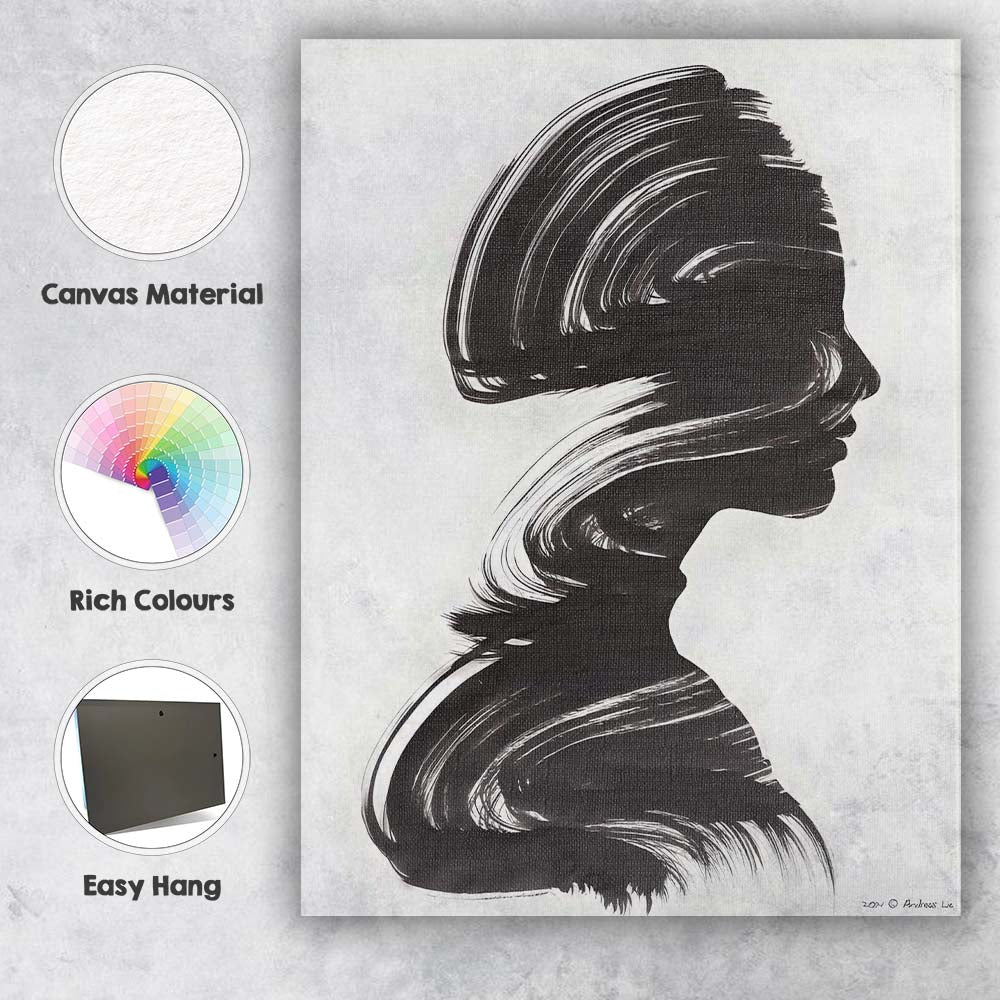 Monochrome Brushstroke Woman Profile Abstract Portrait Canvas Wall Art Print Decor Picture Ready to Hang