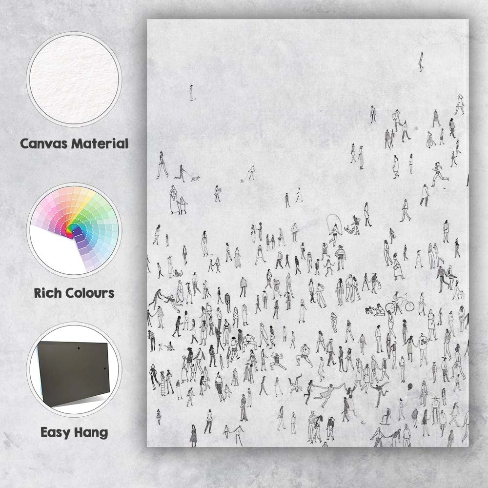 Minimalist Tiny People Crowd Line Drawing Contemporary Canvas Wall Art Print Decor Picture Ready to Hang