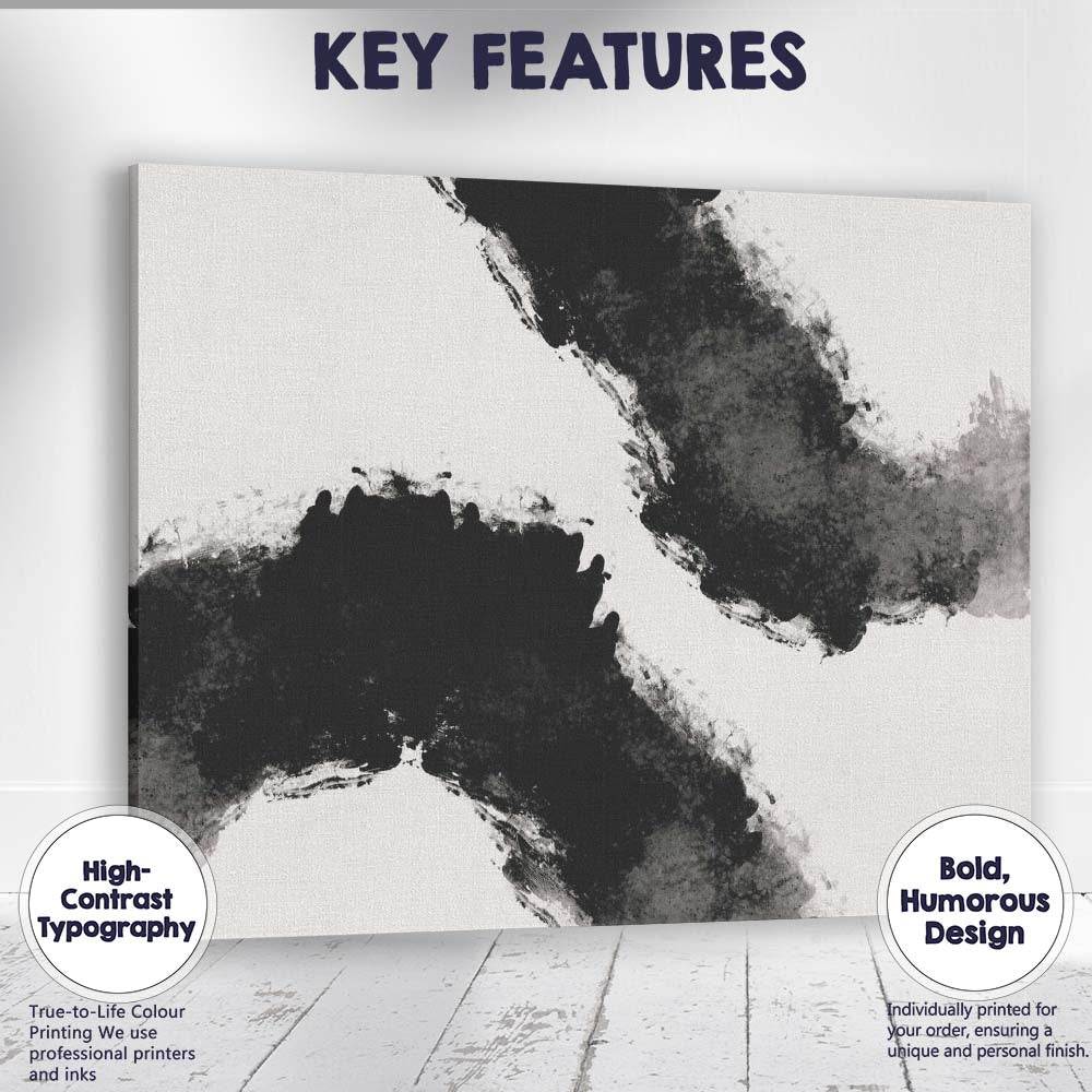 Bold Black Ink Wash Abstract Expressionist Brushstroke Canvas Wall Art Print Decor Picture Ready to Hang