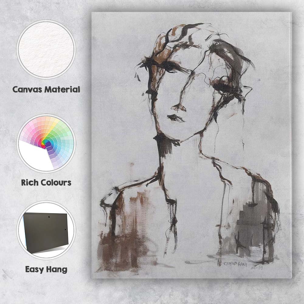 Expressive Neutral Ink Portrait Minimalist Female Face Canvas Wall Art Print Decor Picture Ready to Hang