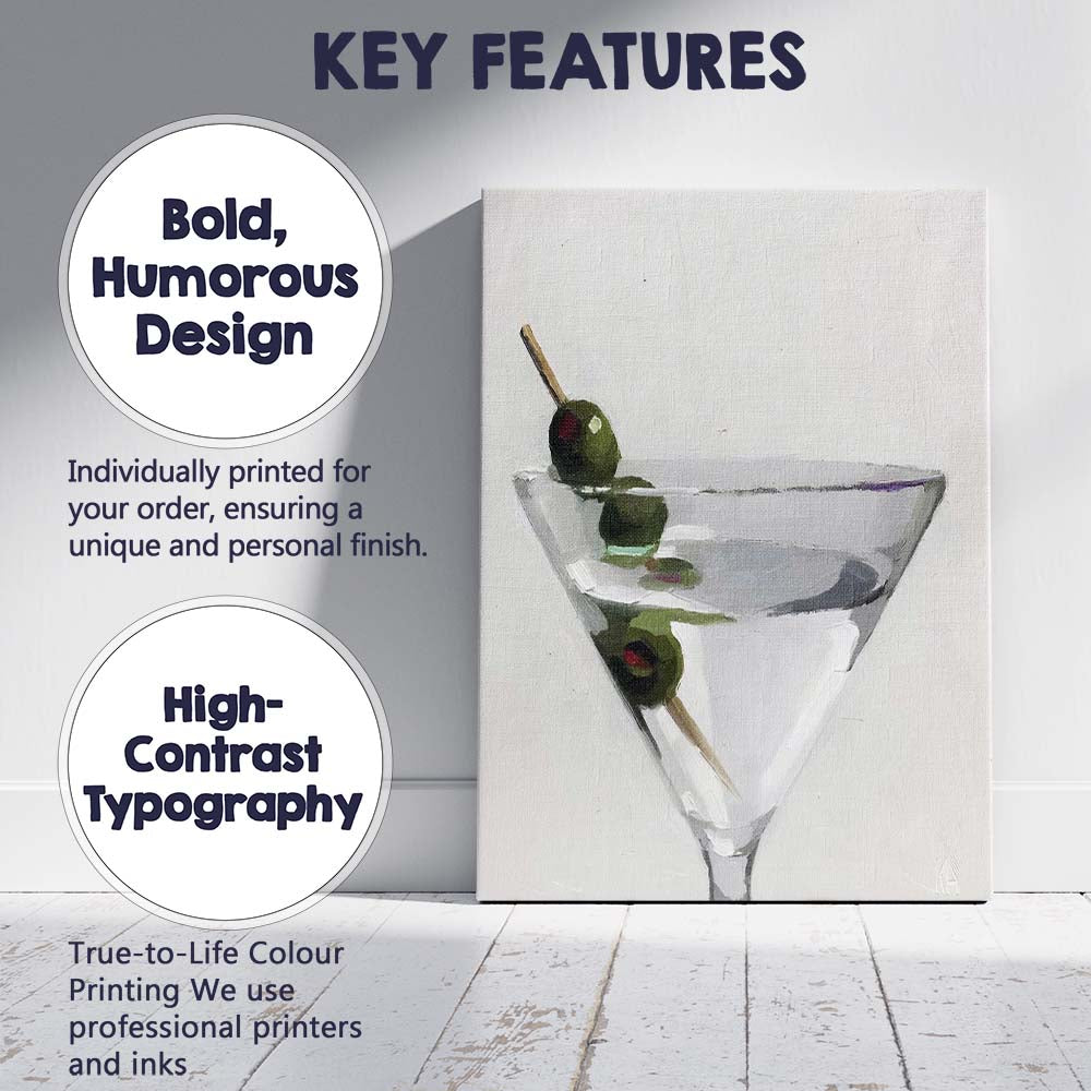 Contemporary Martini Cocktail Glass With Green Olives Still Life Canvas Wall Art Print Decor Picture Ready to Hang
