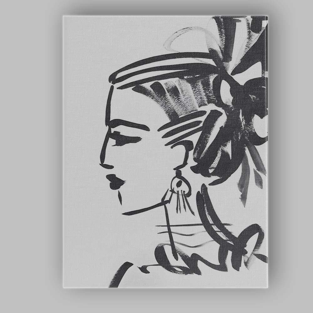 Monochrome Fashion Portrait Expressive Brushstroke Illustration Canvas Wall Art Print Decor Picture Ready to Hang