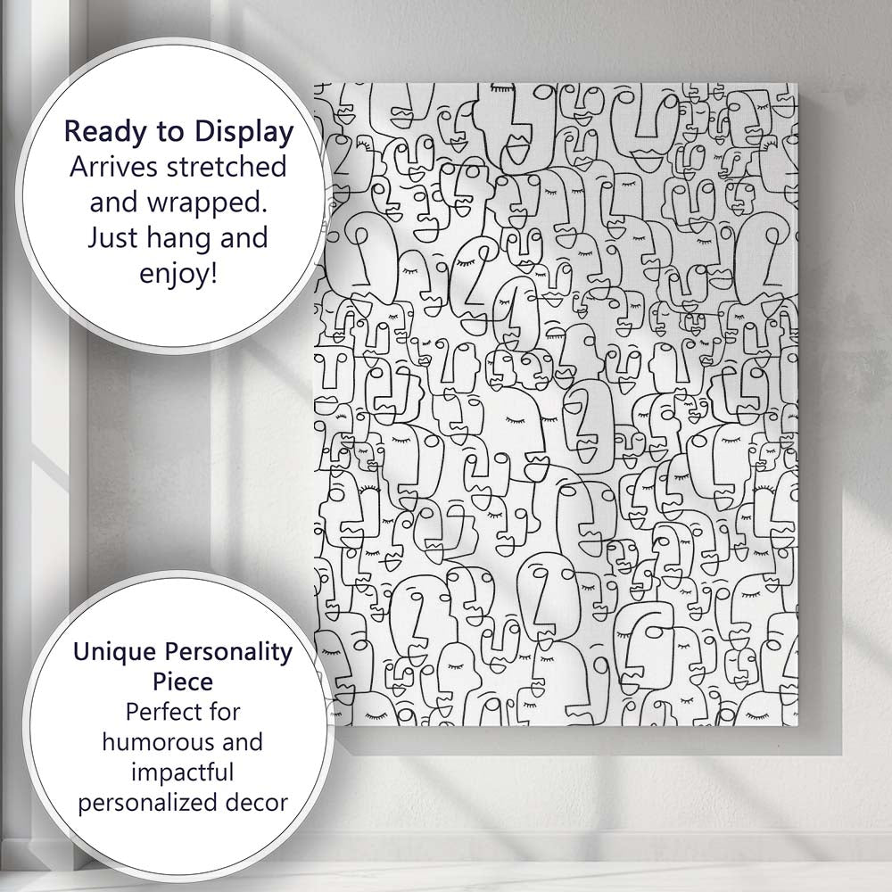 Minimalist Continuous Line Faces Crowd Abstract Illustration Canvas Wall Art Print Decor Picture Ready to Hang