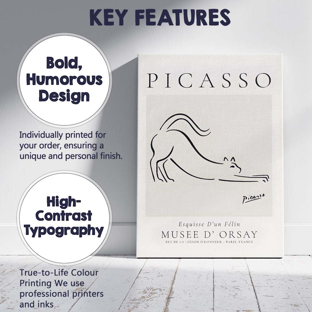 Picasso Inspired Minimalist Cat Line Drawing Exhibition Style Canvas Wall Art Print Decor Picture Ready to Hang