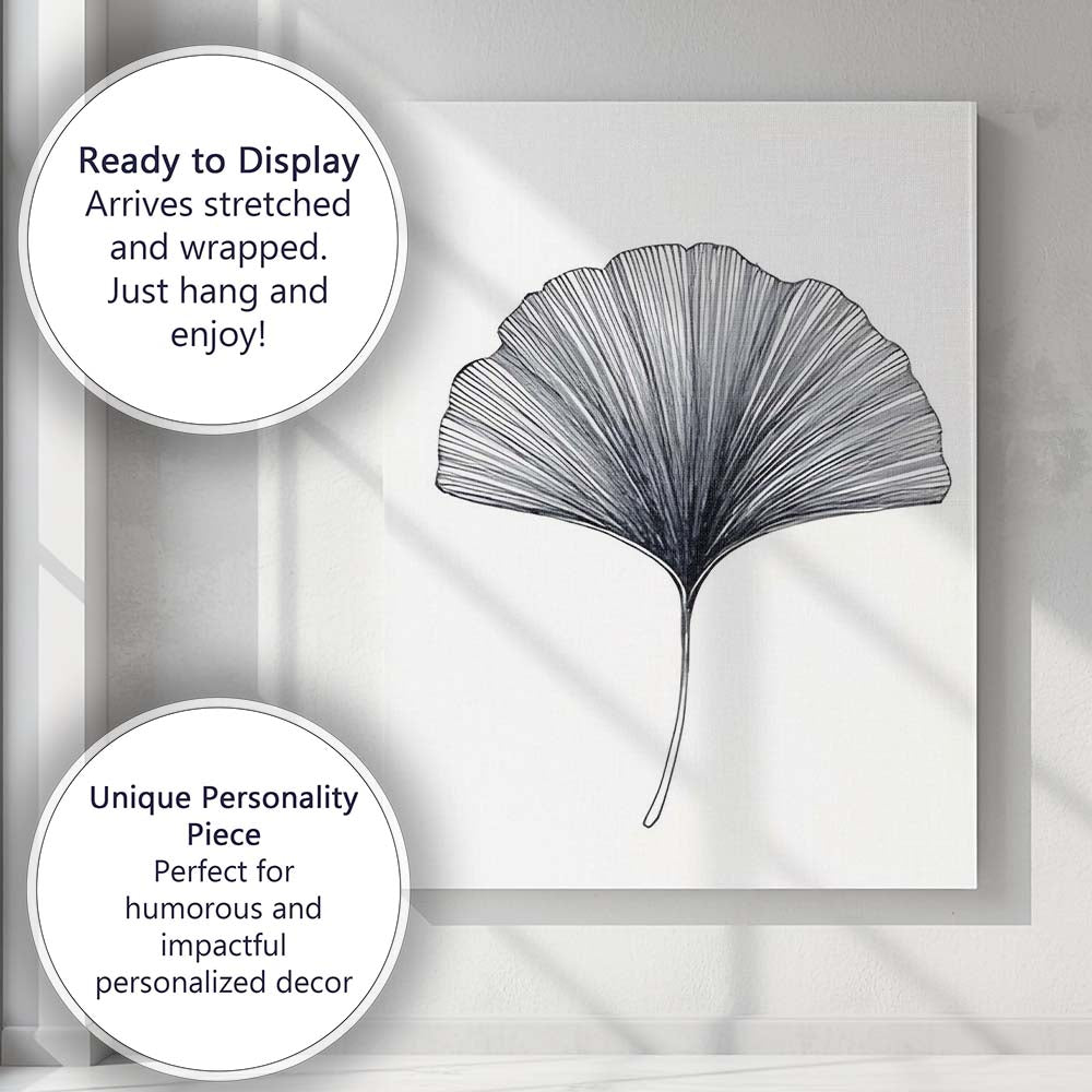 Monochrome Ginkgo Leaf Botanical Ink Illustration Canvas Wall Art Print Decor Picture Ready to Hang