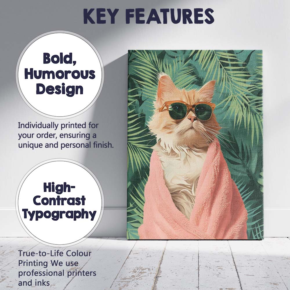 Stylish Ginger Cat Wearing Sunglasses Tropical Palm Leaves Canvas Wall Art Print Decor Picture Ready to Hang