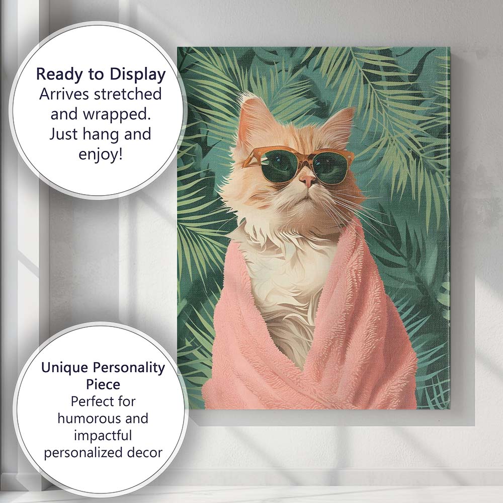 Stylish Ginger Cat Wearing Sunglasses Tropical Palm Leaves Canvas Wall Art Print Decor Picture Ready to Hang