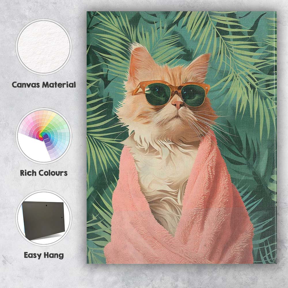 Stylish Ginger Cat Wearing Sunglasses Tropical Palm Leaves Canvas Wall Art Print Decor Picture Ready to Hang