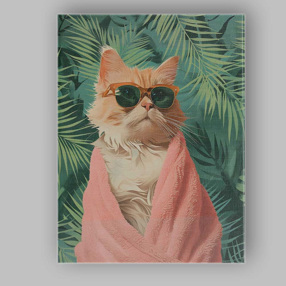 Stylish Ginger Cat Wearing Sunglasses Tropical Palm Leaves Canvas Wall Art Print Decor Picture Ready to Hang