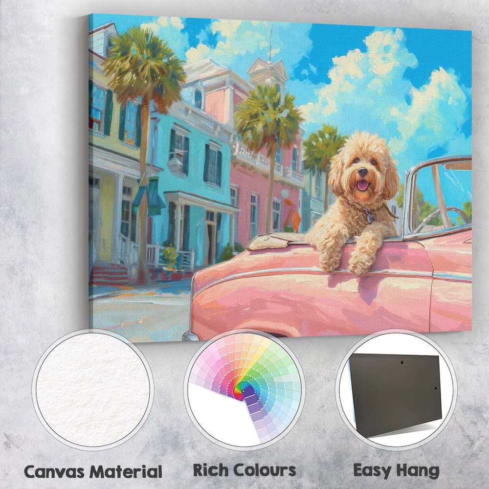 Cute Cockapoo Riding In Pink Classic Convertible Coastal Town Canvas Wall Art Print Decor Picture Ready to Hang