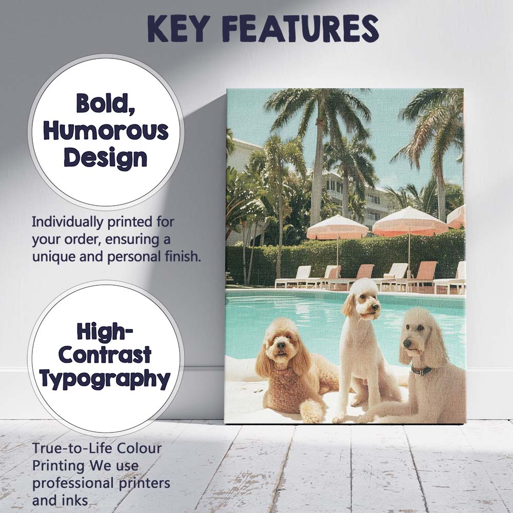 Luxury Poolside Poodle Trio Tropical Resort Summer Canvas Wall Art Print Decor Picture Ready to Hang