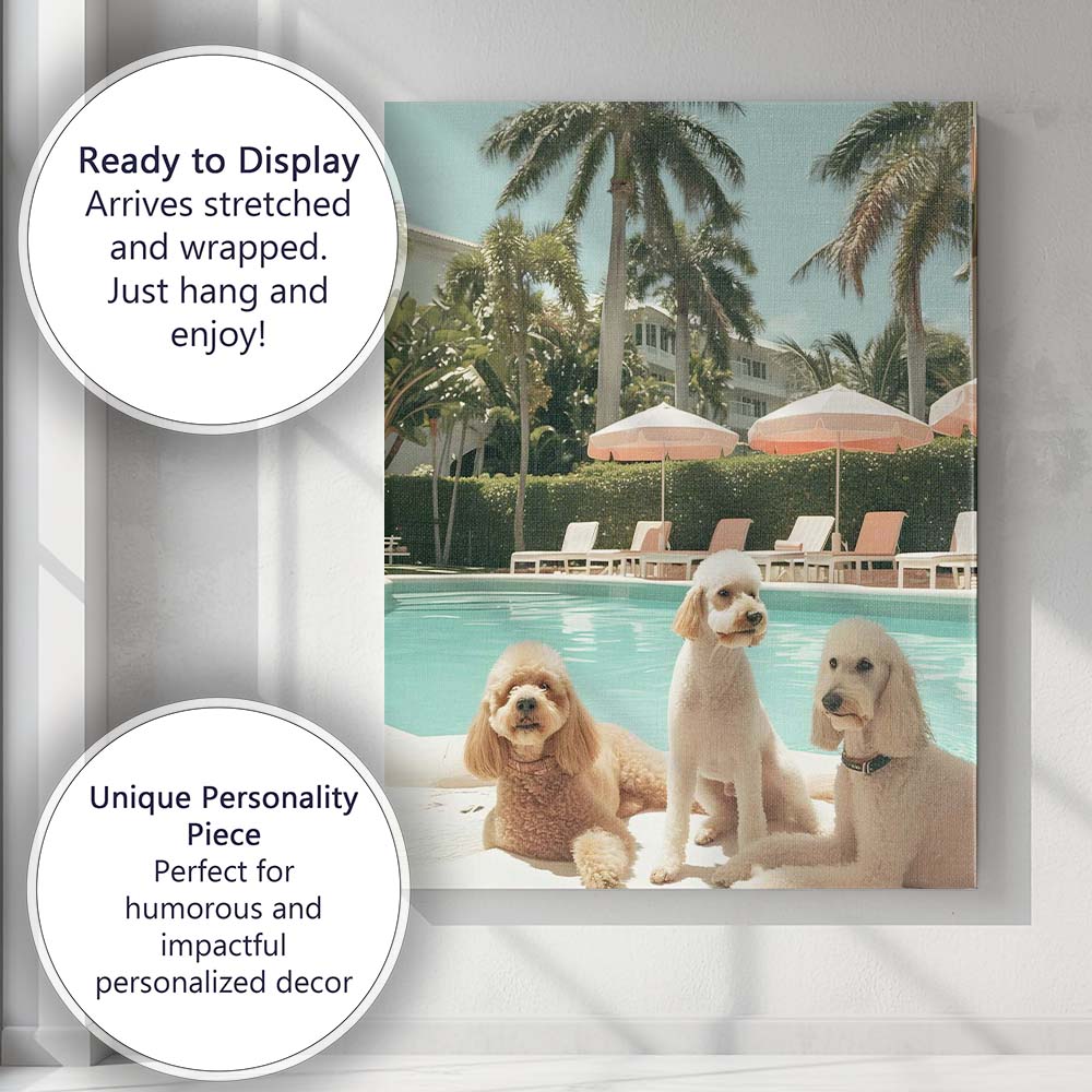 Luxury Poolside Poodle Trio Tropical Resort Summer Canvas Wall Art Print Decor Picture Ready to Hang