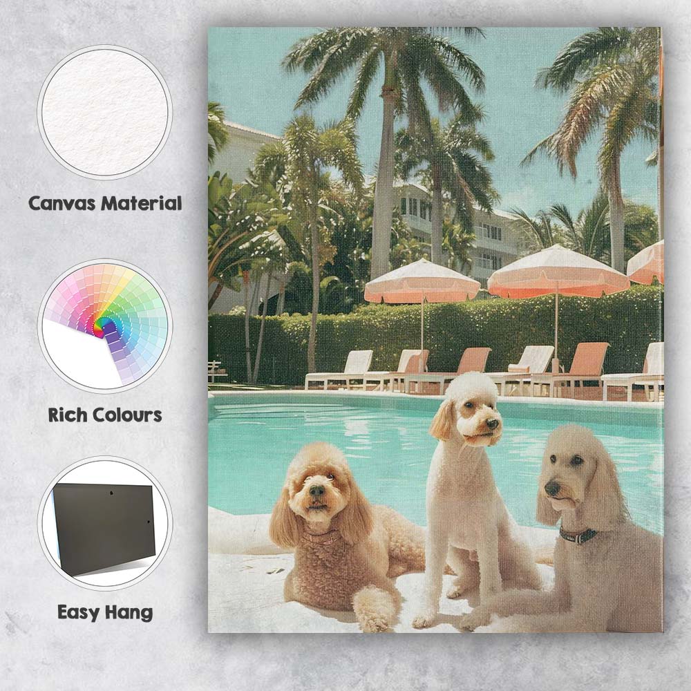 Luxury Poolside Poodle Trio Tropical Resort Summer Canvas Wall Art Print Decor Picture Ready to Hang