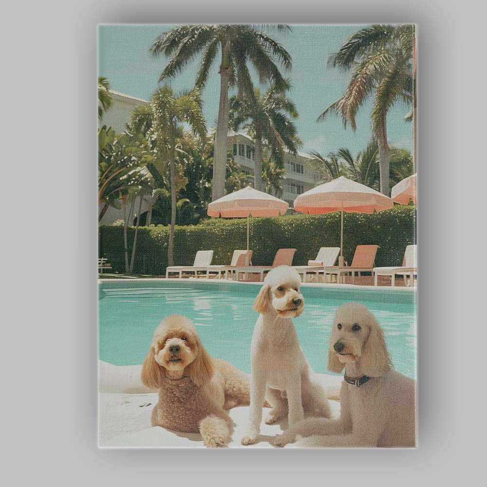 Luxury Poolside Poodle Trio Tropical Resort Summer Canvas Wall Art Print Decor Picture Ready to Hang