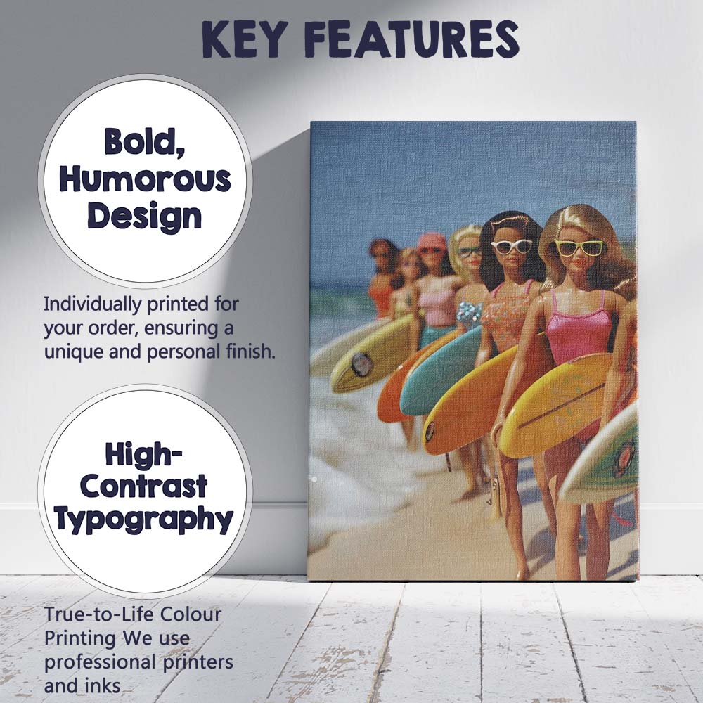 Retro Fashion Dolls With Surfboards Beach Summer Vibes Canvas Wall Art Print Decor Picture Ready to Hang