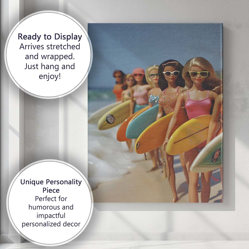 Retro Fashion Dolls With Surfboards Beach Summer Vibes Canvas Wall Art Print Decor Picture Ready to Hang
