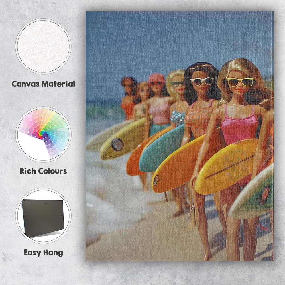 Retro Fashion Dolls With Surfboards Beach Summer Vibes Canvas Wall Art Print Decor Picture Ready to Hang
