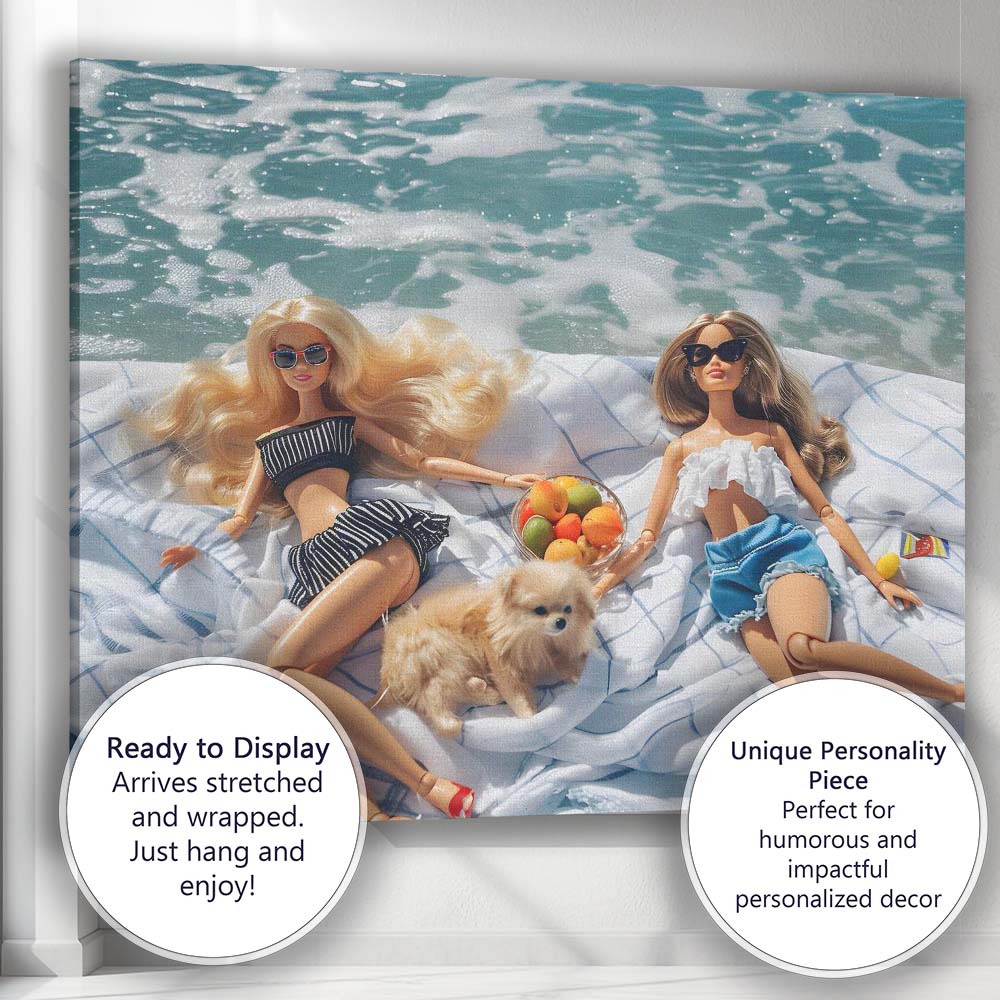 Fashion Dolls Relaxing On Beach Picnic With Cute Puppy Canvas Wall Art Print Decor Picture Ready to Hang