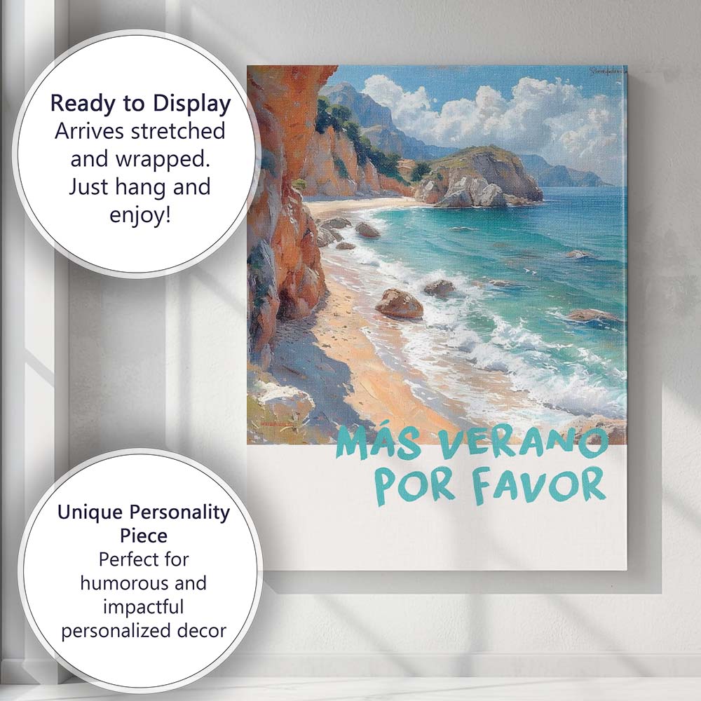 Mas Verano Por Favor Mediterranean Coastal Beach Painting Canvas Wall Art Print Decor Picture Ready to Hang