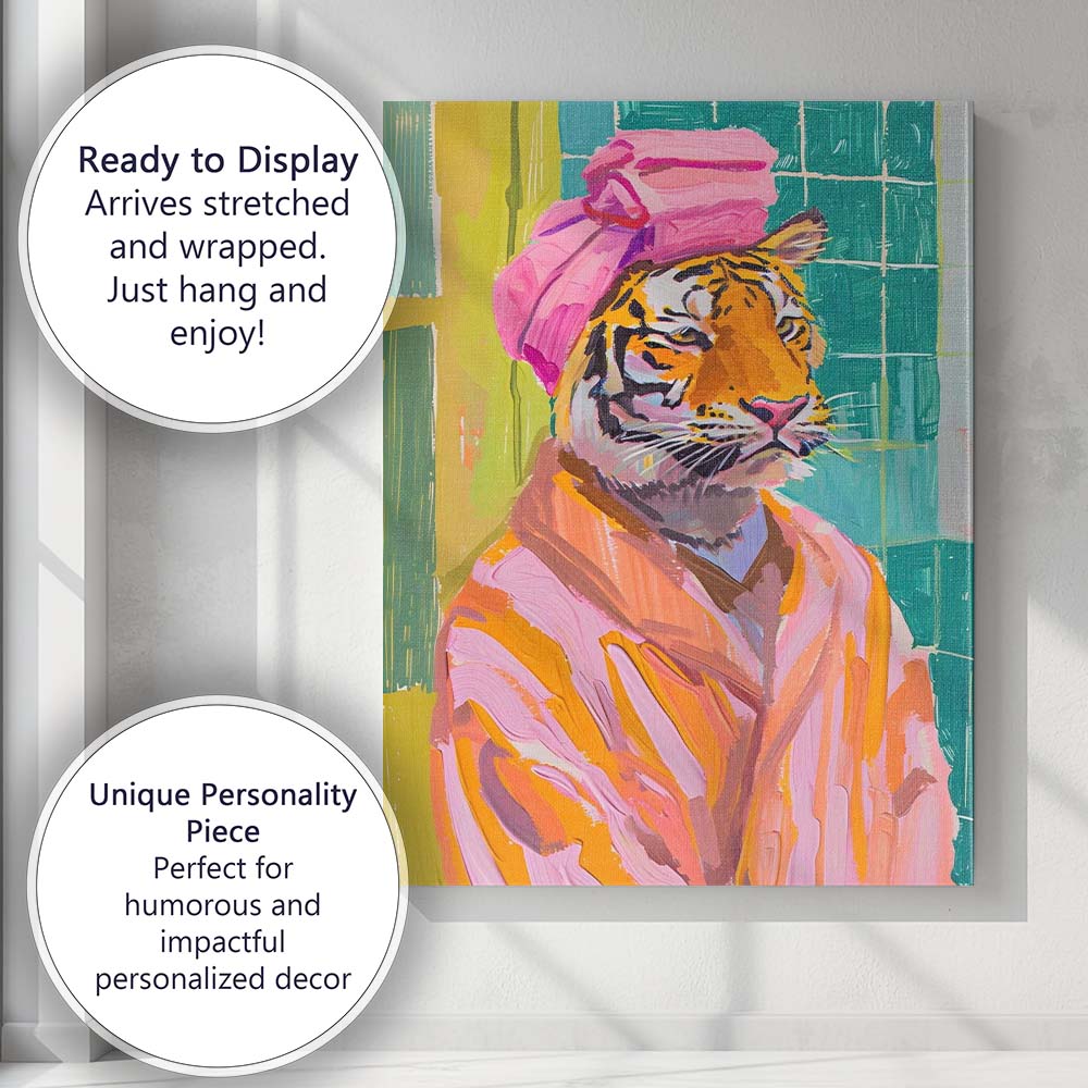 Stylish Tiger Portrait Wearing Pink Turban Contemporary Pop Art Canvas Wall Art Print Decor Picture Ready to Hang