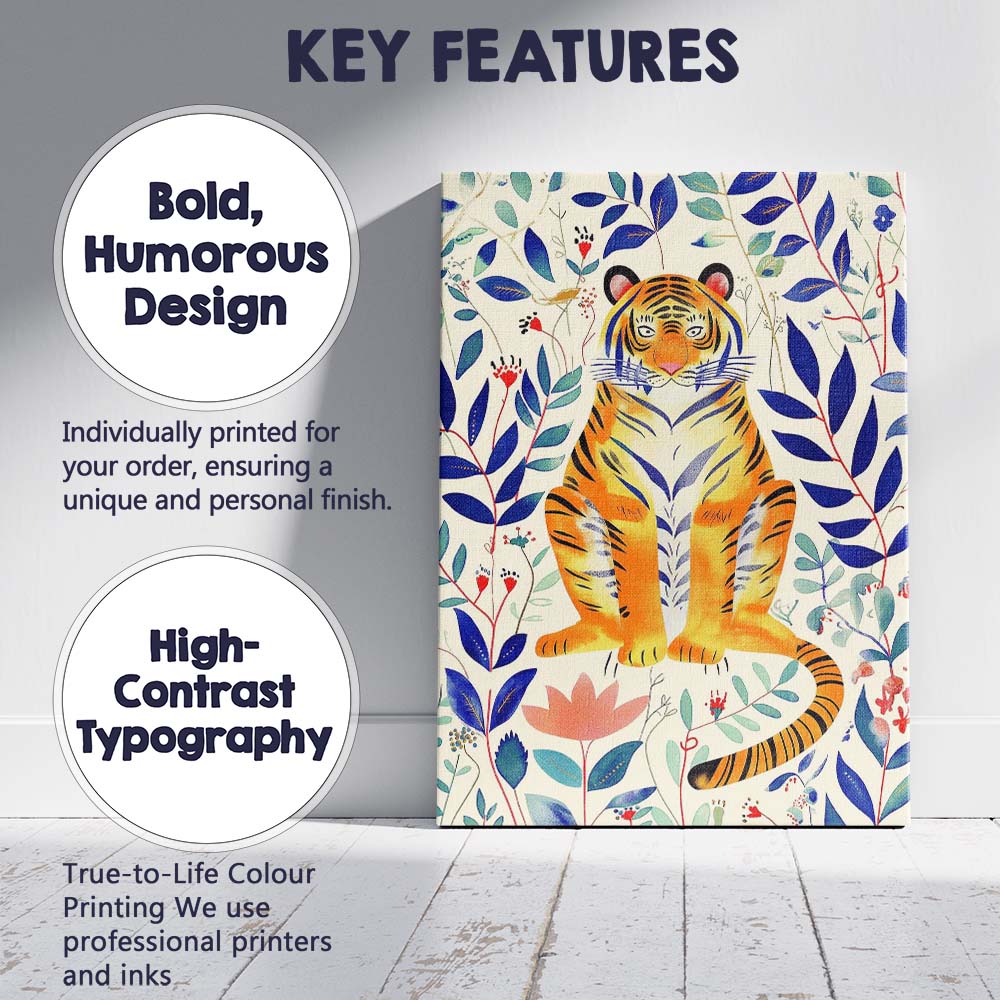 Whimsical Tiger Botanical Jungle Illustration Canvas Wall Art Print Decor Picture Ready to Hang