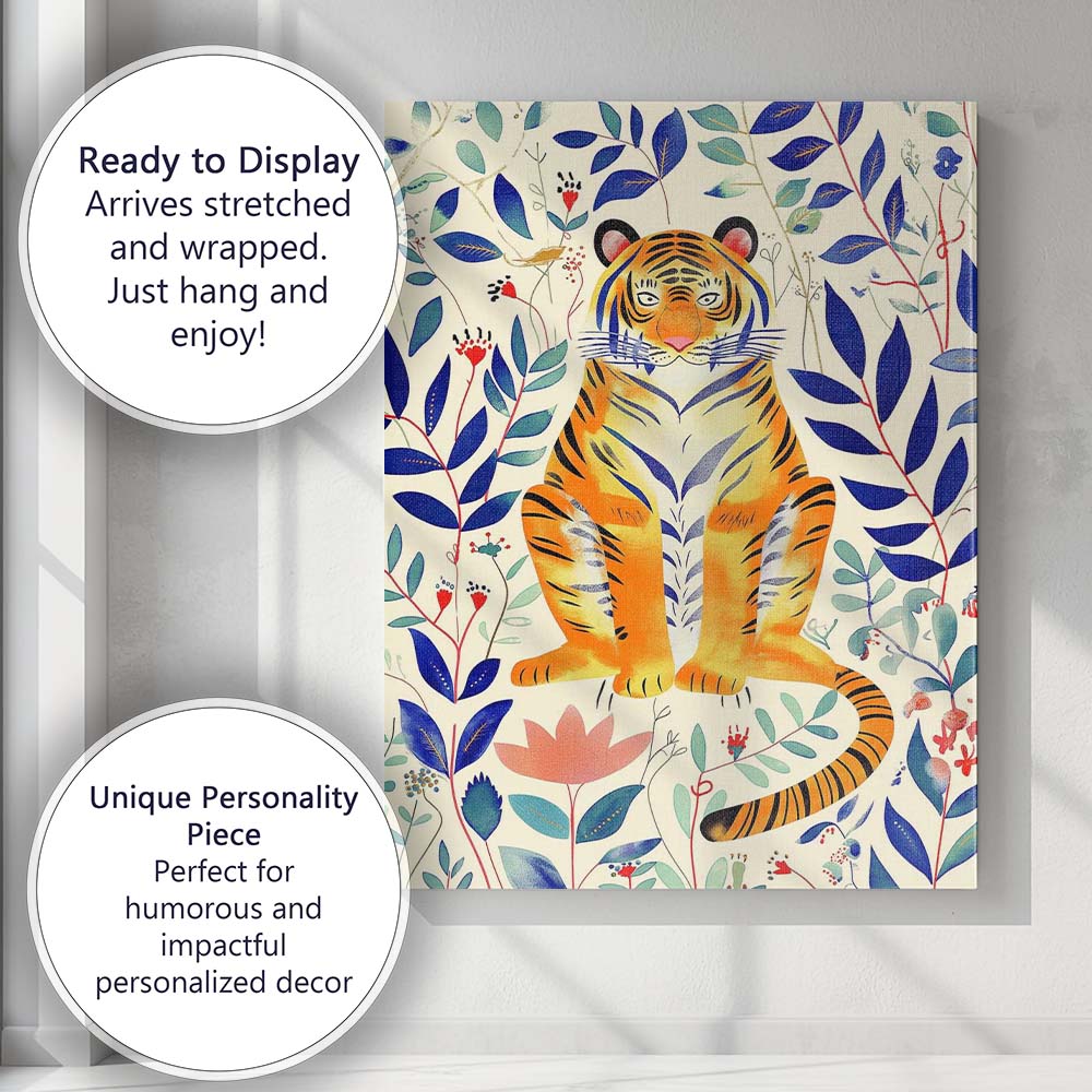 Whimsical Tiger Botanical Jungle Illustration Canvas Wall Art Print Decor Picture Ready to Hang