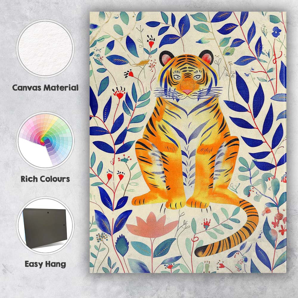 Whimsical Tiger Botanical Jungle Illustration Canvas Wall Art Print Decor Picture Ready to Hang