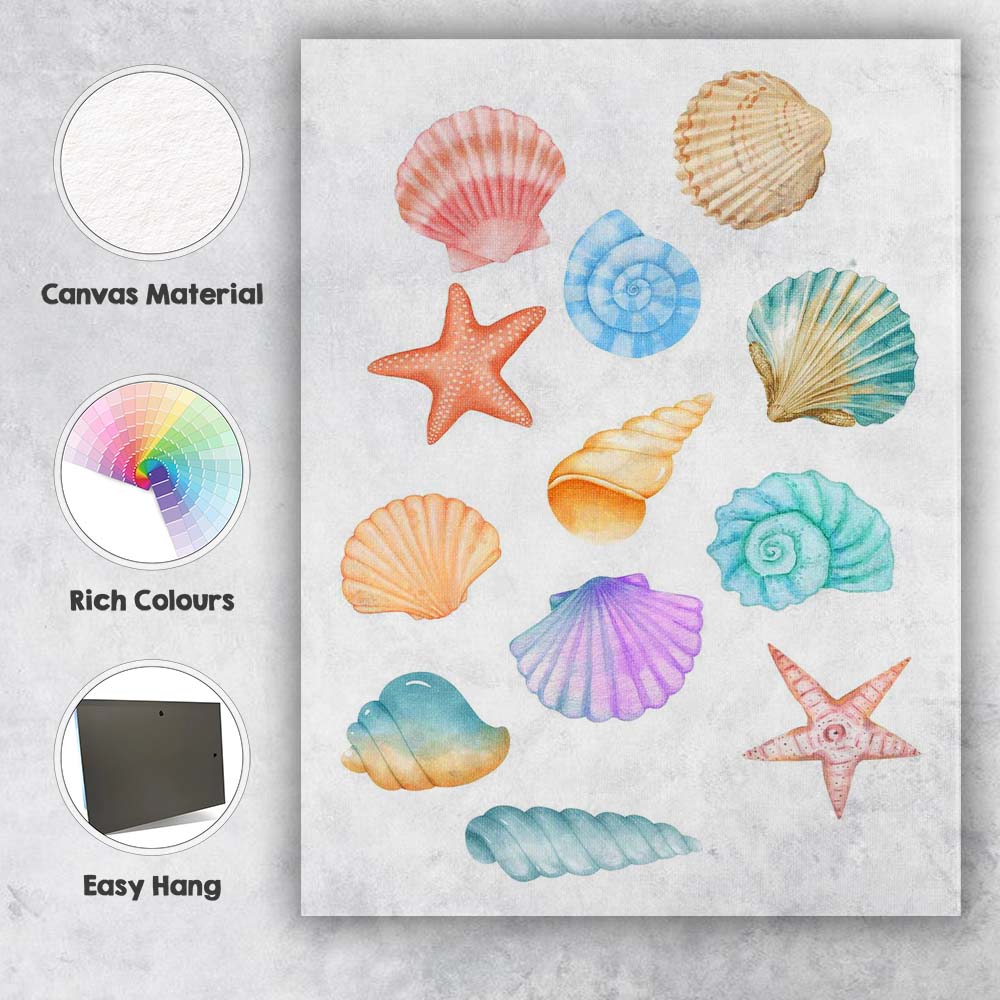 Pastel Watercolour Seashell Starfish Coastal Collection Canvas Wall Art Print Decor Picture Ready to Hang