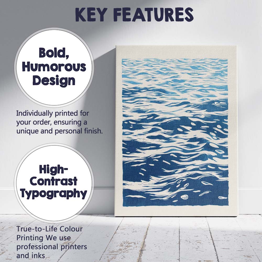 Minimalist Blue Ocean Water Surface Linocut Style Canvas Wall Art Print Decor Picture Ready to Hang