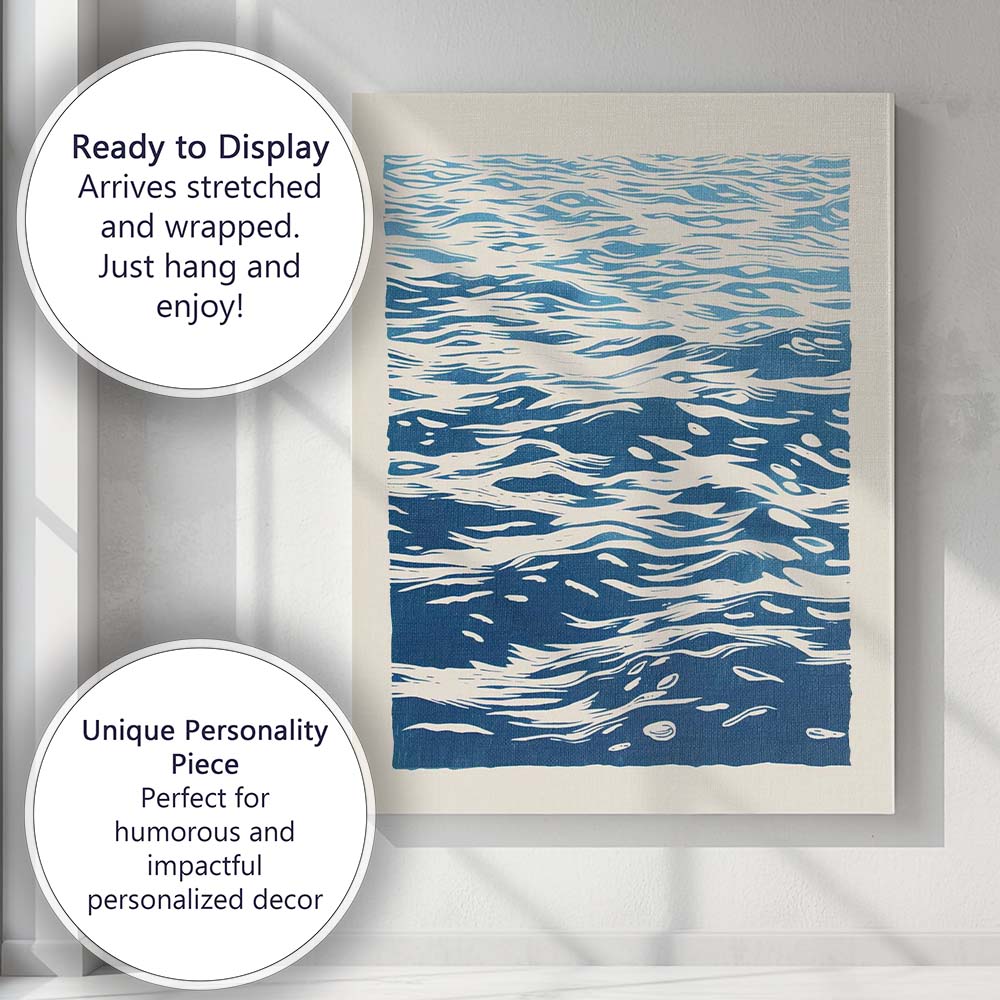 Minimalist Blue Ocean Water Surface Linocut Style Canvas Wall Art Print Decor Picture Ready to Hang